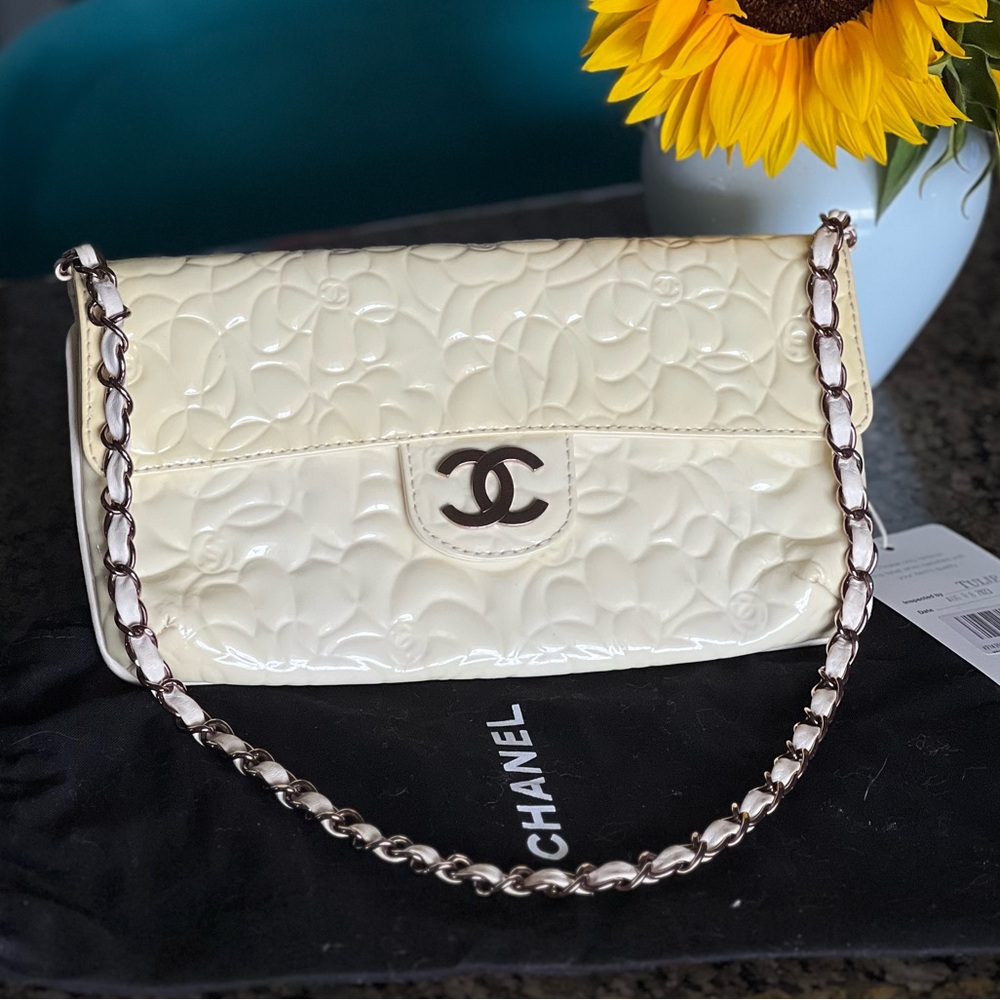 Authentic Chanel Chain Flap Bag Camellia Patent East West